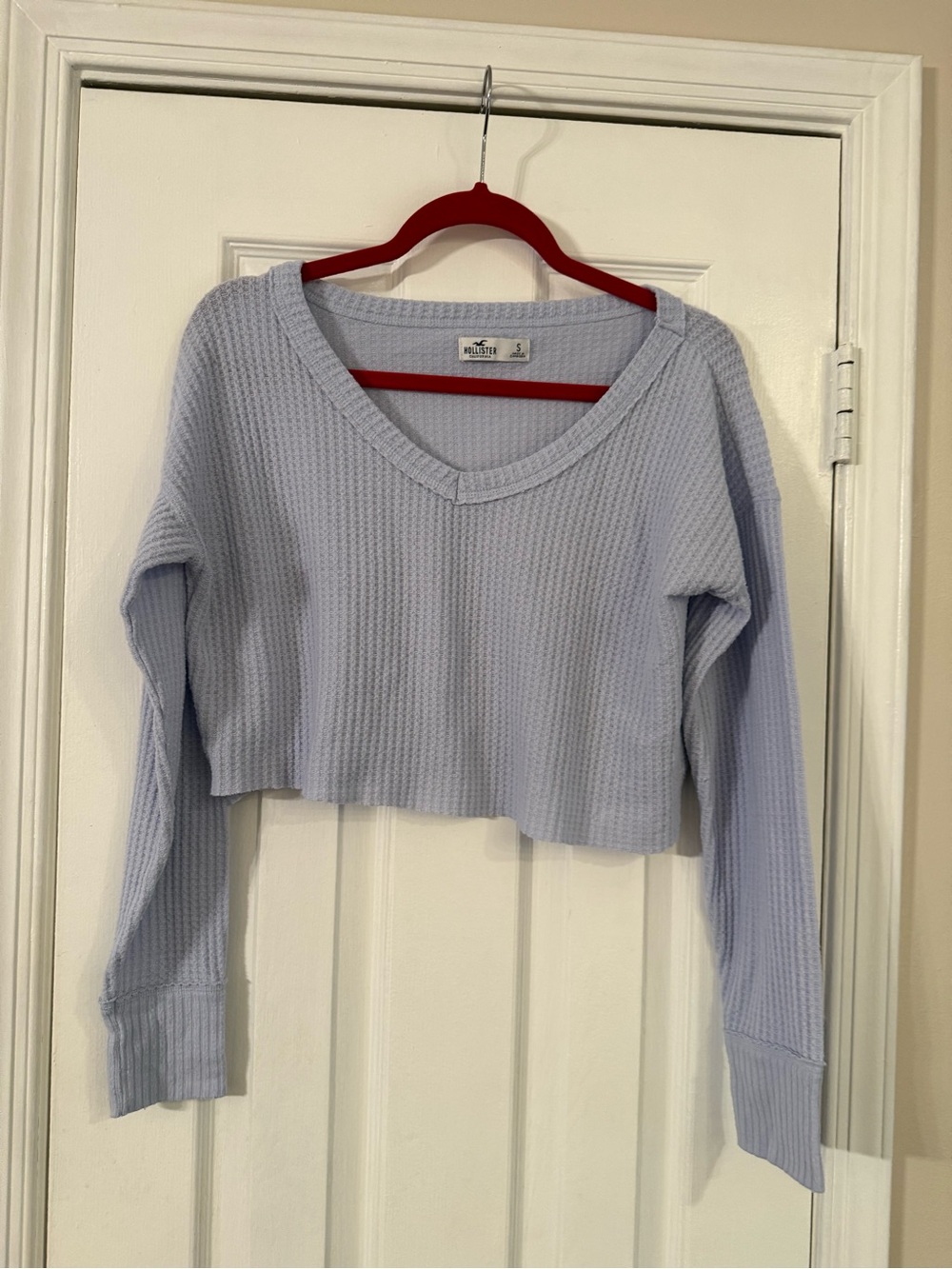 Hollister Light Blue Waffle-Knit Cropped V-Neck Top